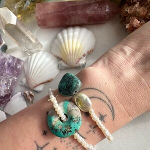 Micro-beaded Pearl + Turquoise Blue Accent Bracelet